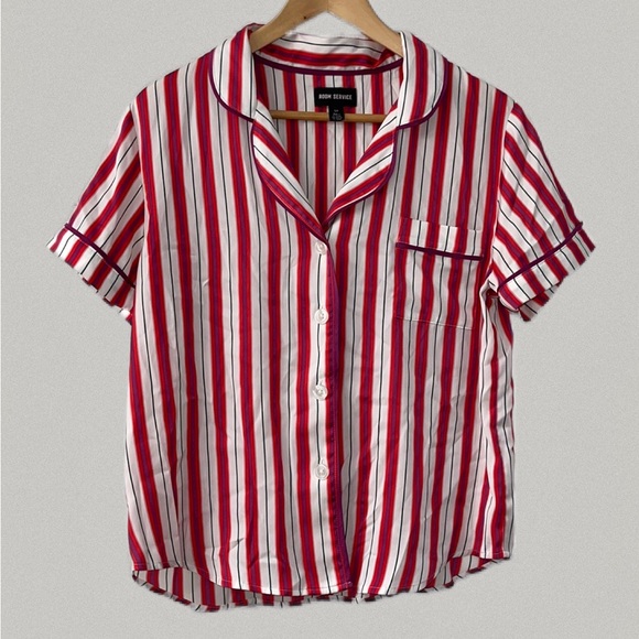 Room Service Size S V-neck Front Pocket Button Down Red Purple Striped Top - Picture 1 of 8